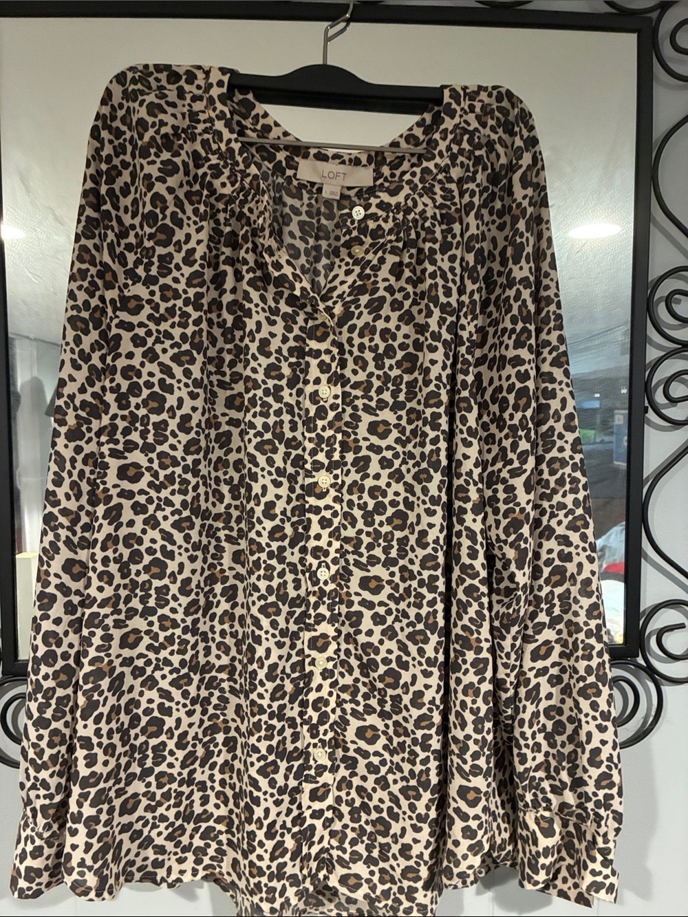 LOFT Beige and Brown Leopard-Print Button Blouse